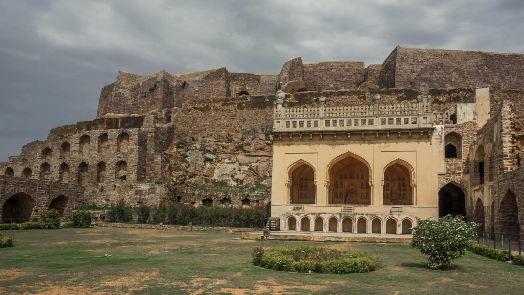 Scenic view of Golconda Fort's architecture in Hyderabad, India on an overcast day.